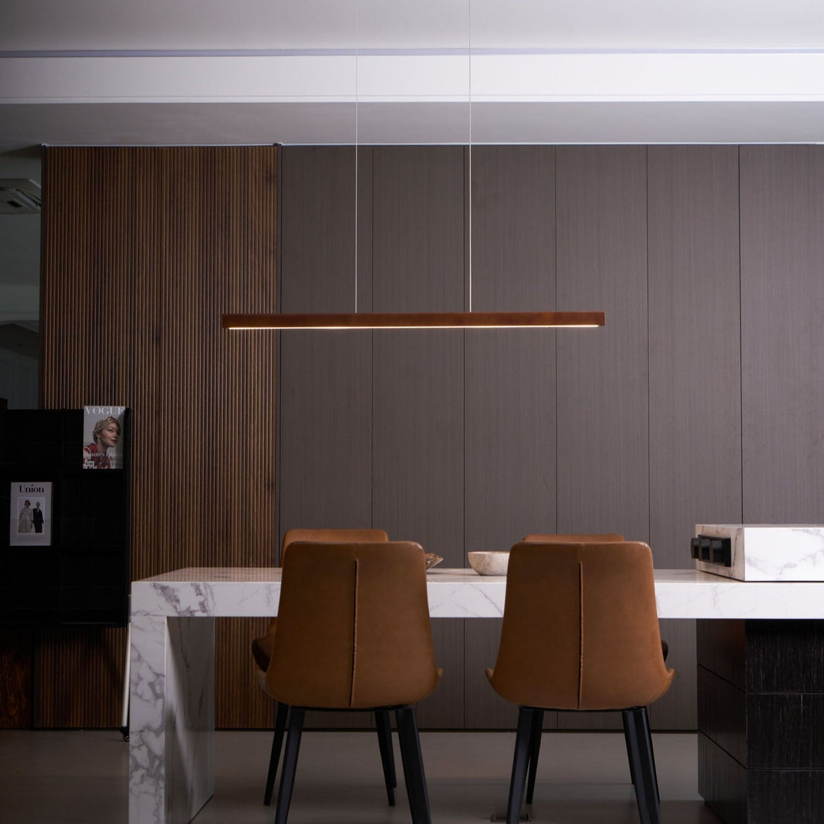 Linear Wooden Overhead Fixture Built-In LED Dining Room Kitchen Island Suspended Beam Natural Finish Adjustable Cables Contemporary Home Lig