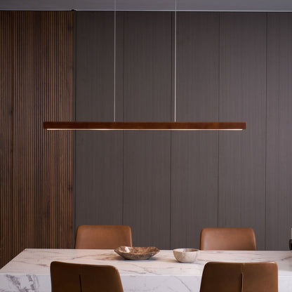 Linear Wooden Overhead Fixture Built-In LED Dining Room Kitchen Island Suspended Beam Natural Finish Adjustable Cables Contemporary Home Lig
