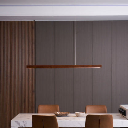Linear Wooden Overhead Fixture Built-In LED Dining Room Kitchen Island Suspended Beam Natural Finish Adjustable Cables Contemporary Home Lig