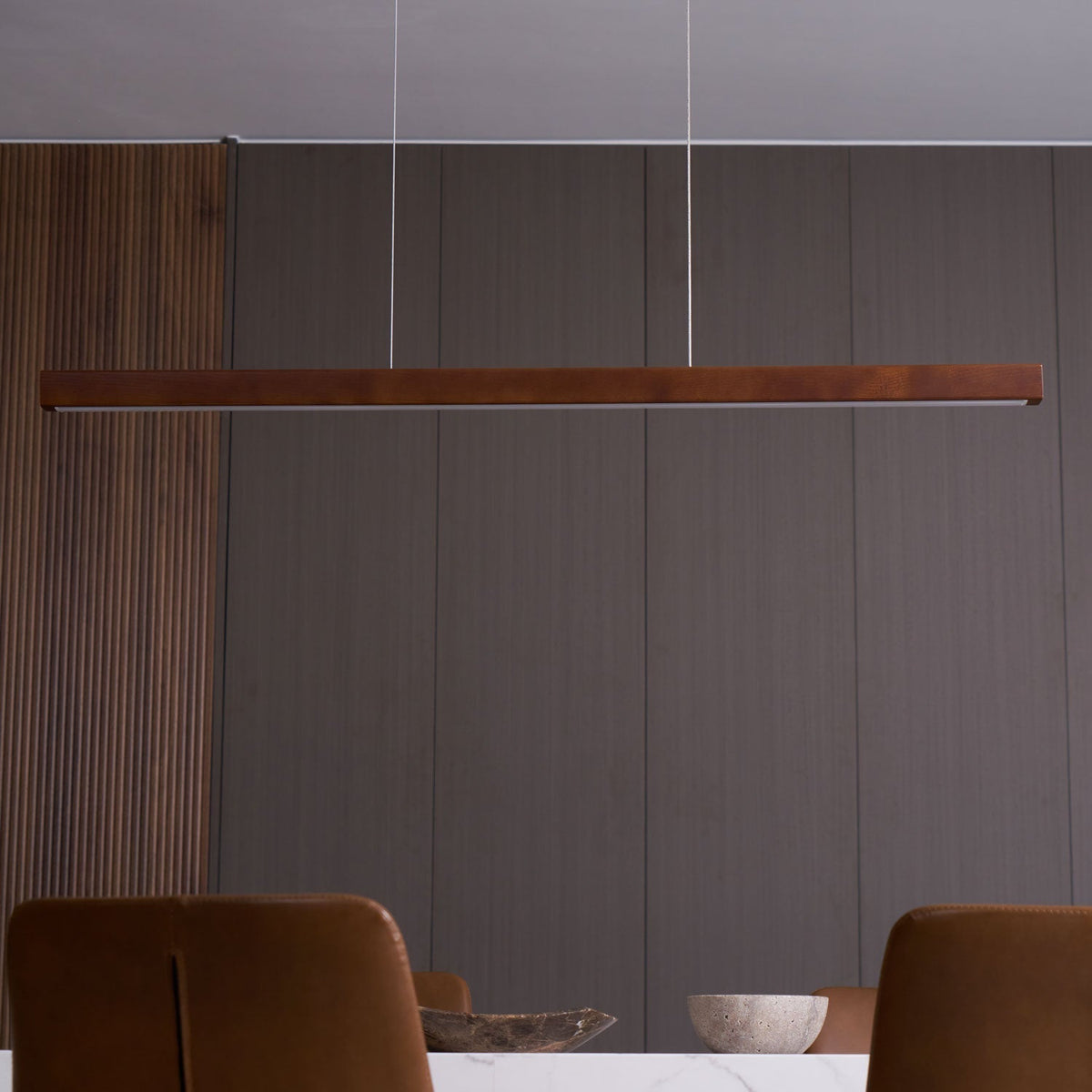 Linear Wooden Overhead Fixture Built-In LED Dining Room Kitchen Island Suspended Beam Natural Finish Adjustable Cables Contemporary Home Lig
