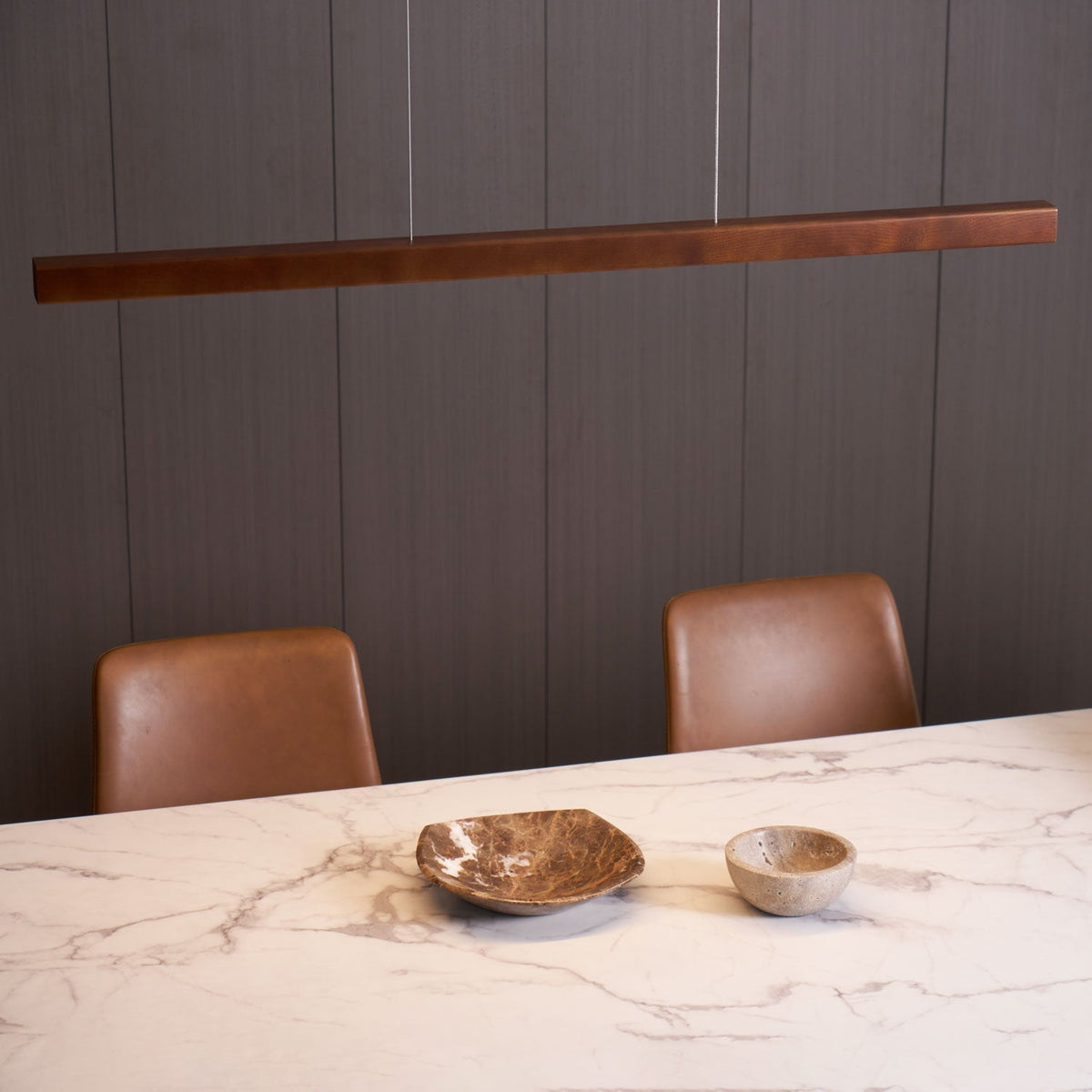 Linear Wooden Overhead Fixture Built-In LED Dining Room Kitchen Island Suspended Beam Natural Finish Adjustable Cables Contemporary Home Lig