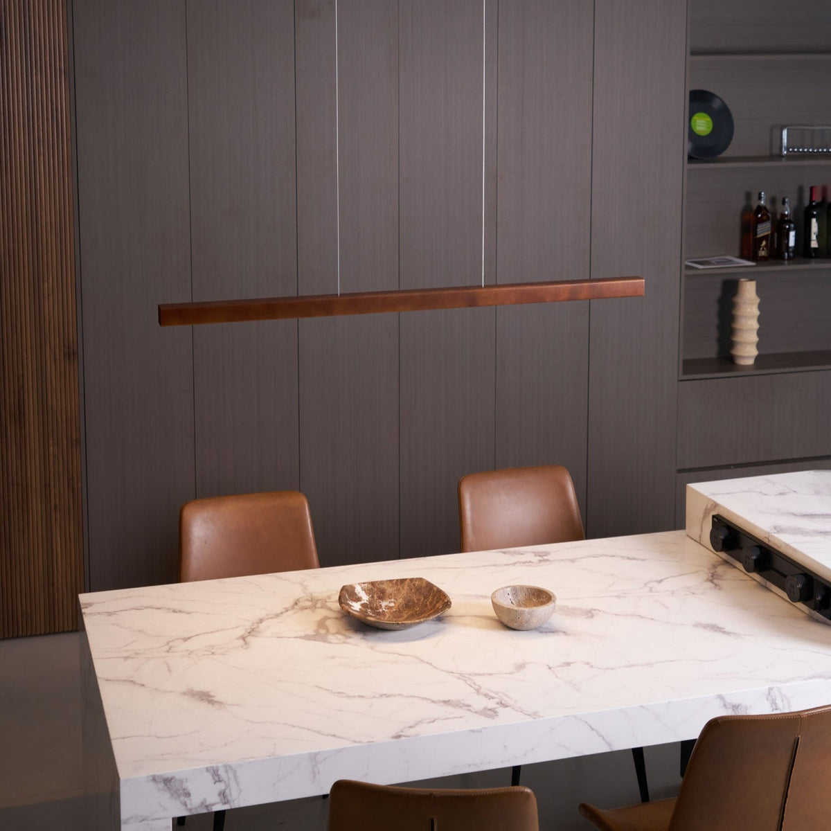 Linear Wooden Overhead Fixture Built-In LED Dining Room Kitchen Island Suspended Beam Natural Finish Adjustable Cables Contemporary Home Lig