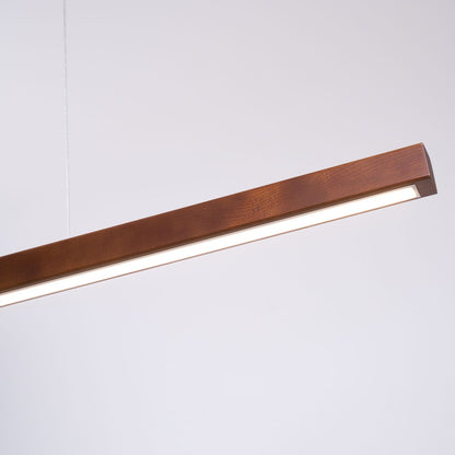 Linear Wooden Overhead Fixture Built-In LED Dining Room Kitchen Island Suspended Beam Natural Finish Adjustable Cables Contemporary Home Lig