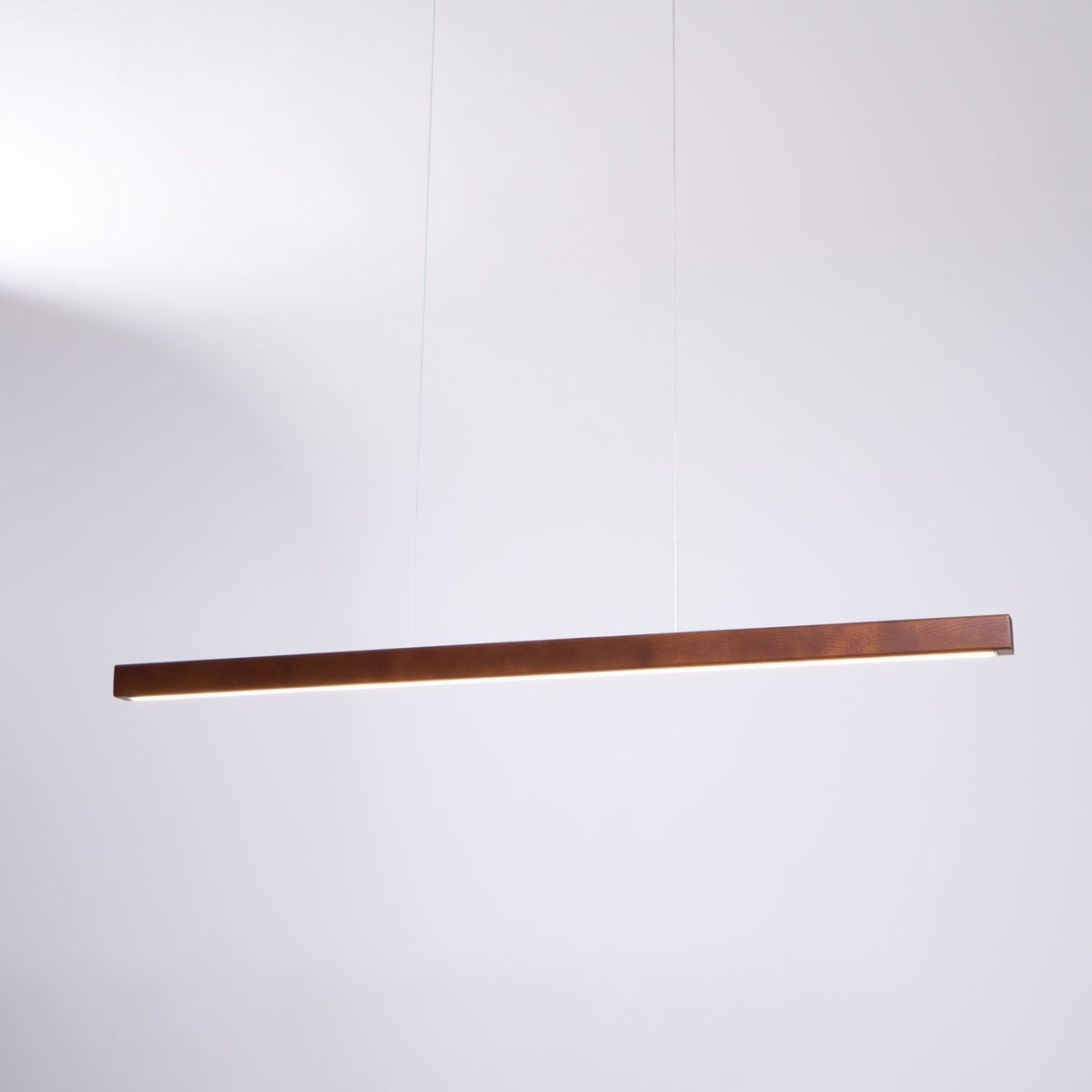 Linear Wooden Overhead Fixture Built-In LED Dining Room Kitchen Island Suspended Beam Natural Finish Adjustable Cables Contemporary Home Lig