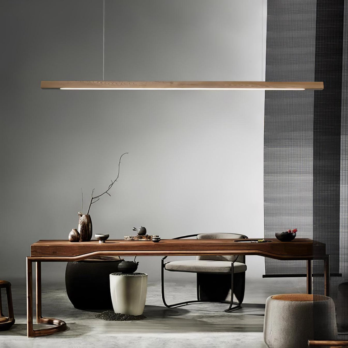 Linear Wooden Overhead Fixture Built-In LED Dining Room Kitchen Island Suspended Beam Natural Finish Adjustable Cables Contemporary Home Lig
