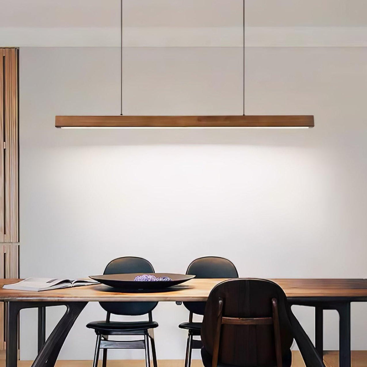 Linear Wooden Overhead Fixture Built-In LED Dining Room Kitchen Island Suspended Beam Natural Finish Adjustable Cables Contemporary Home Lig