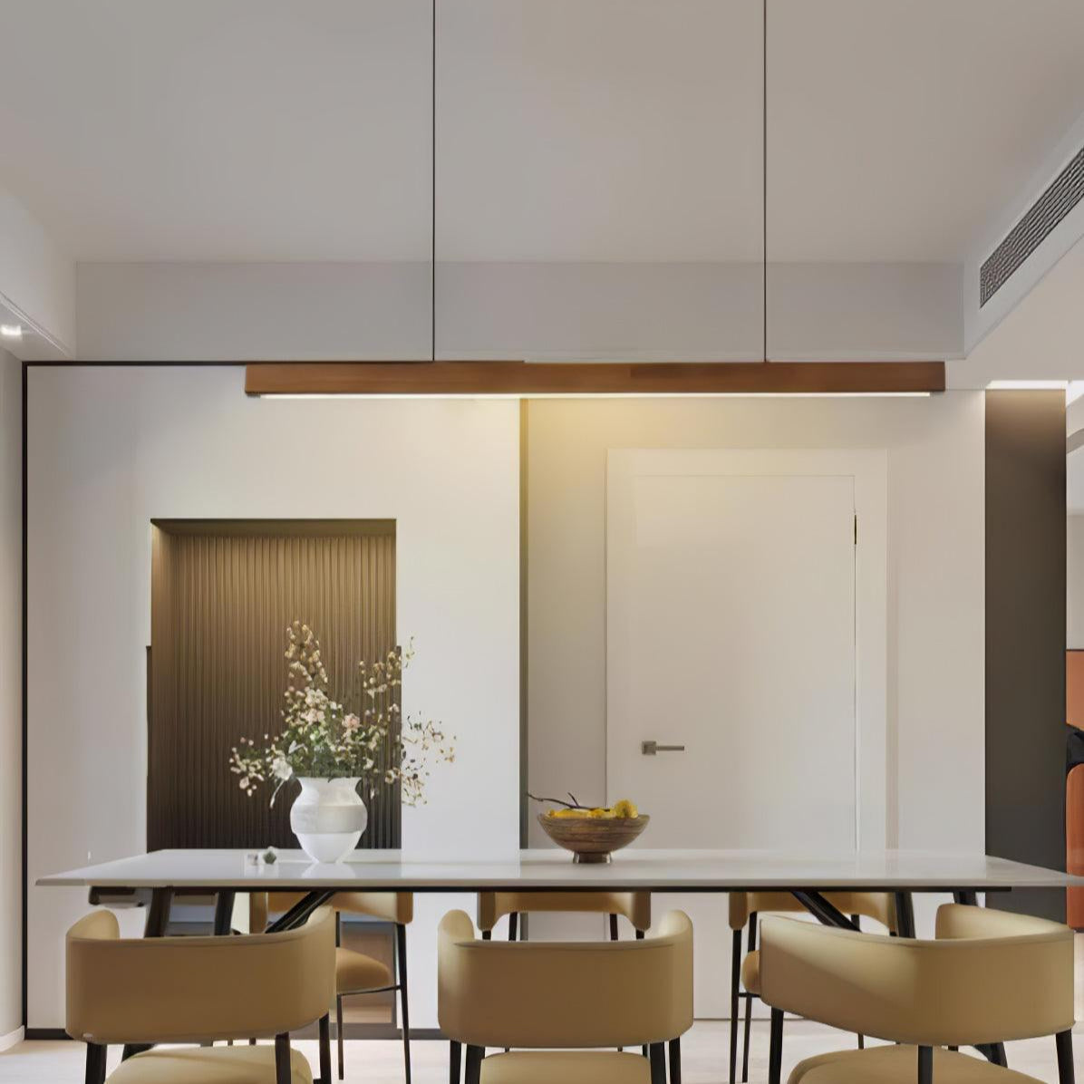 Linear Wooden Overhead Fixture Built-In LED Dining Room Kitchen Island Suspended Beam Natural Finish Adjustable Cables Contemporary Home Lig