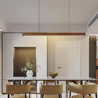 Linear Wooden Overhead Fixture Built-In LED Dining Room Kitchen Island Suspended Beam Natural Finish Adjustable Cables Contemporary Home Lig