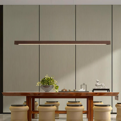 Linear Wooden Overhead Fixture Built-In LED Dining Room Kitchen Island Suspended Beam Natural Finish Adjustable Cables Contemporary Home Lig