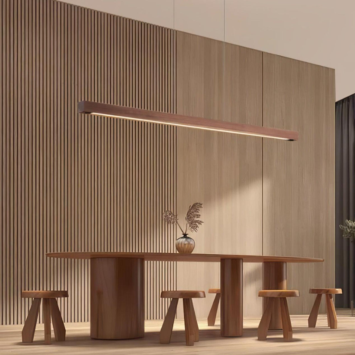 Linear Wooden Overhead Fixture Built-In LED Dining Room Kitchen Island Suspended Beam Natural Finish Adjustable Cables Contemporary Home Lig
