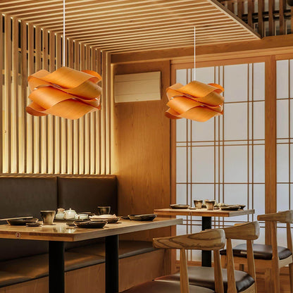 Hanging Ceiling Light Wood Grain Shade for Kitchen Island Dining Room Bedroom Adjustable Cord Modern Farmhouse Fixture Warm Glow E26 Base Ha
