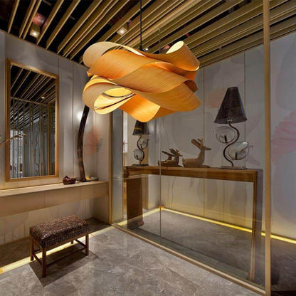 Hanging Ceiling Light Wood Grain Shade for Kitchen Island Dining Room Bedroom Adjustable Cord Modern Farmhouse Fixture Warm Glow E26 Base Ha