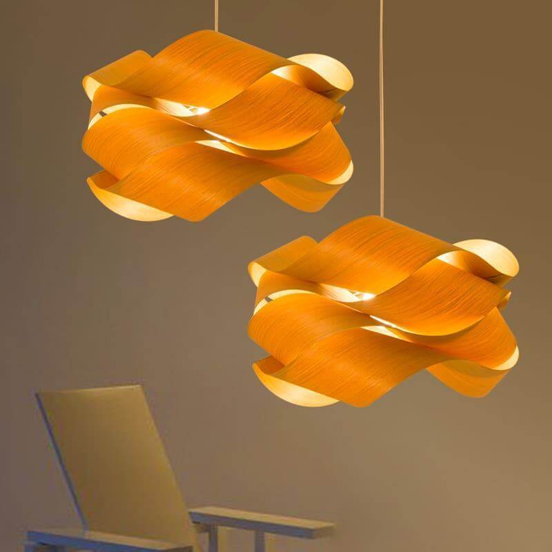 Hanging Ceiling Light Wood Grain Shade for Kitchen Island Dining Room Bedroom Adjustable Cord Modern Farmhouse Fixture Warm Glow E26 Base Ha