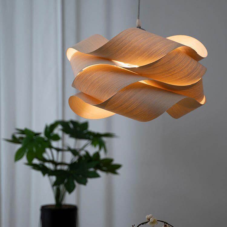 Hanging Ceiling Light Wood Grain Shade for Kitchen Island Dining Room Bedroom Adjustable Cord Modern Farmhouse Fixture Warm Glow E26 Base Ha
