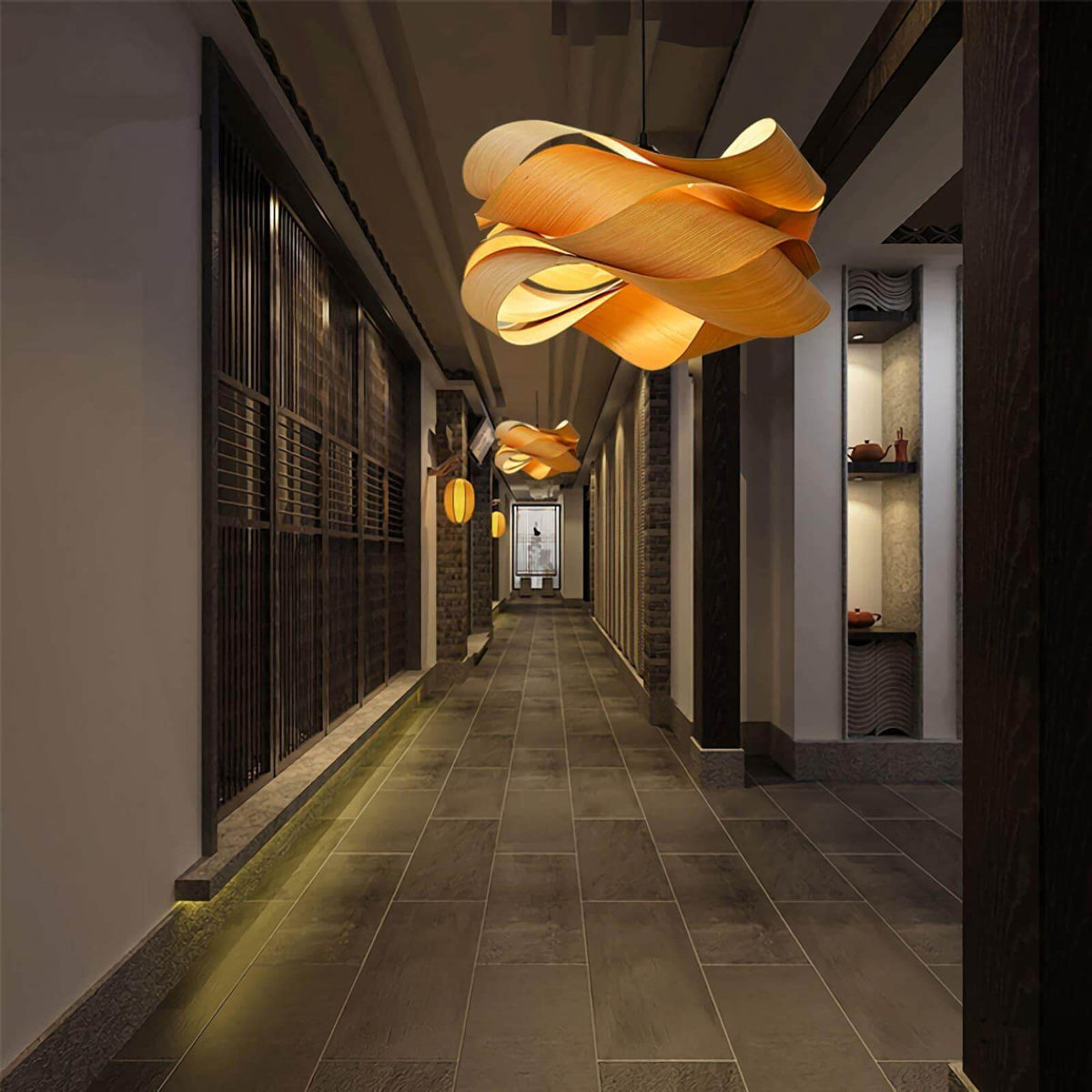Hanging Ceiling Light Wood Grain Shade for Kitchen Island Dining Room Bedroom Adjustable Cord Modern Farmhouse Fixture Warm Glow E26 Base Ha