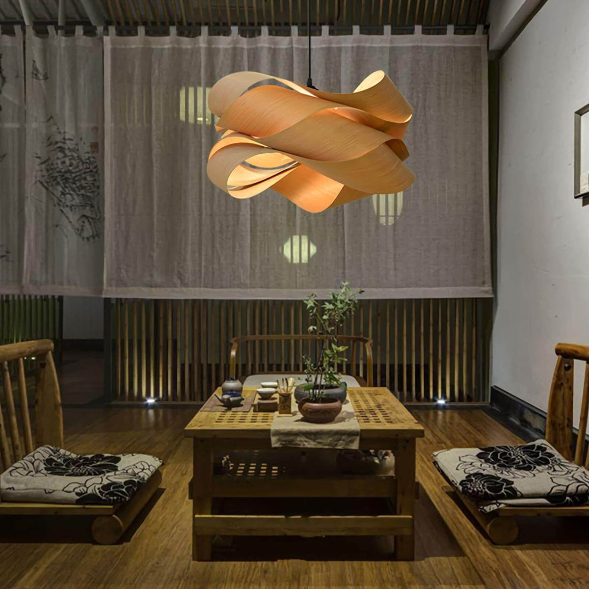 Hanging Ceiling Light Wood Grain Shade for Kitchen Island Dining Room Bedroom Adjustable Cord Modern Farmhouse Fixture Warm Glow E26 Base Ha