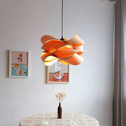 Hanging Ceiling Light Wood Grain Shade for Kitchen Island Dining Room Bedroom Adjustable Cord Modern Farmhouse Fixture Warm Glow E26 Base Ha