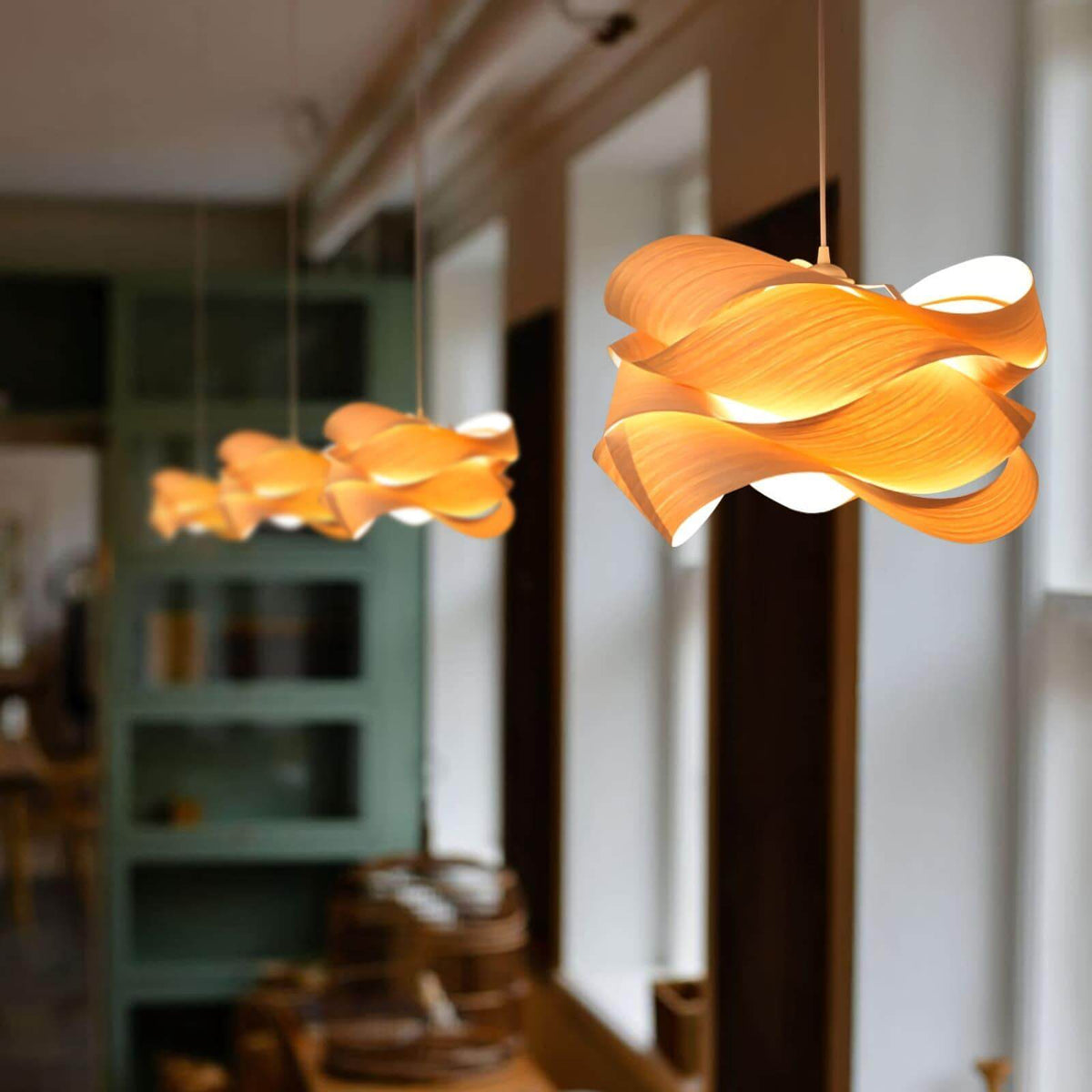 Hanging Ceiling Light Wood Grain Shade for Kitchen Island Dining Room Bedroom Adjustable Cord Modern Farmhouse Fixture Warm Glow E26 Base Ha
