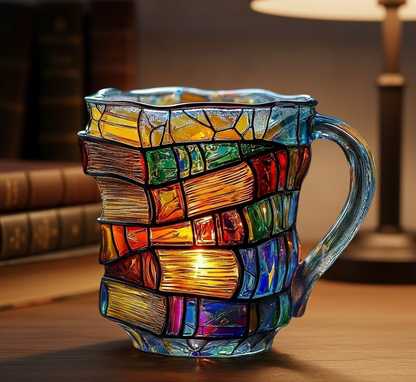 Stacked Book Coffee Mug Glass 12 oz Clear | 3D Spine Literary Drinkware for Reading Fans Teachers Students | Microwave & Dishwasher Safe