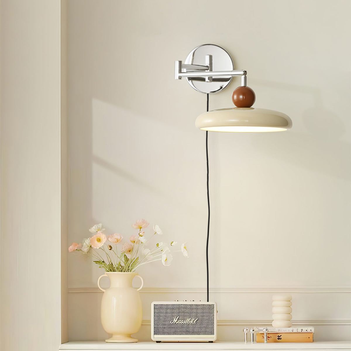 Compact Plug-In Sconce with Adjustable LED Temperature Chrome Accents for Bedroom Living Room Hallway Reading Nook Modern Indoor Lighting
