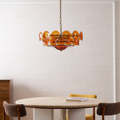Tiered Glass Disc Pendant Light for Dining Room – Amber Circular Shade Ceiling Fixture – Adjustable Hanging Lamp for Kitchen Island Living R