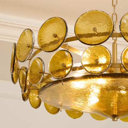 Tiered Glass Disc Pendant Light for Dining Room – Amber Circular Shade Ceiling Fixture – Adjustable Hanging Lamp for Kitchen Island Living R