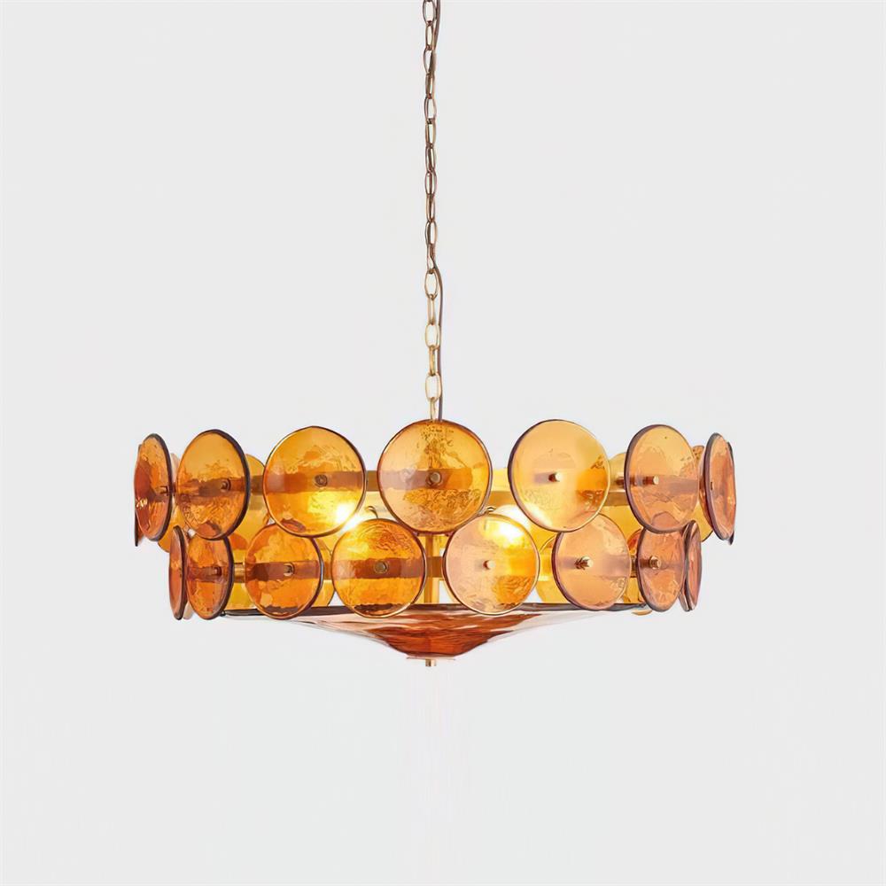 Layered Glass Disc Chandelier with Adjustable Height – Warm Metallic Finish for Dining Rooms, Living Spaces & Entryways