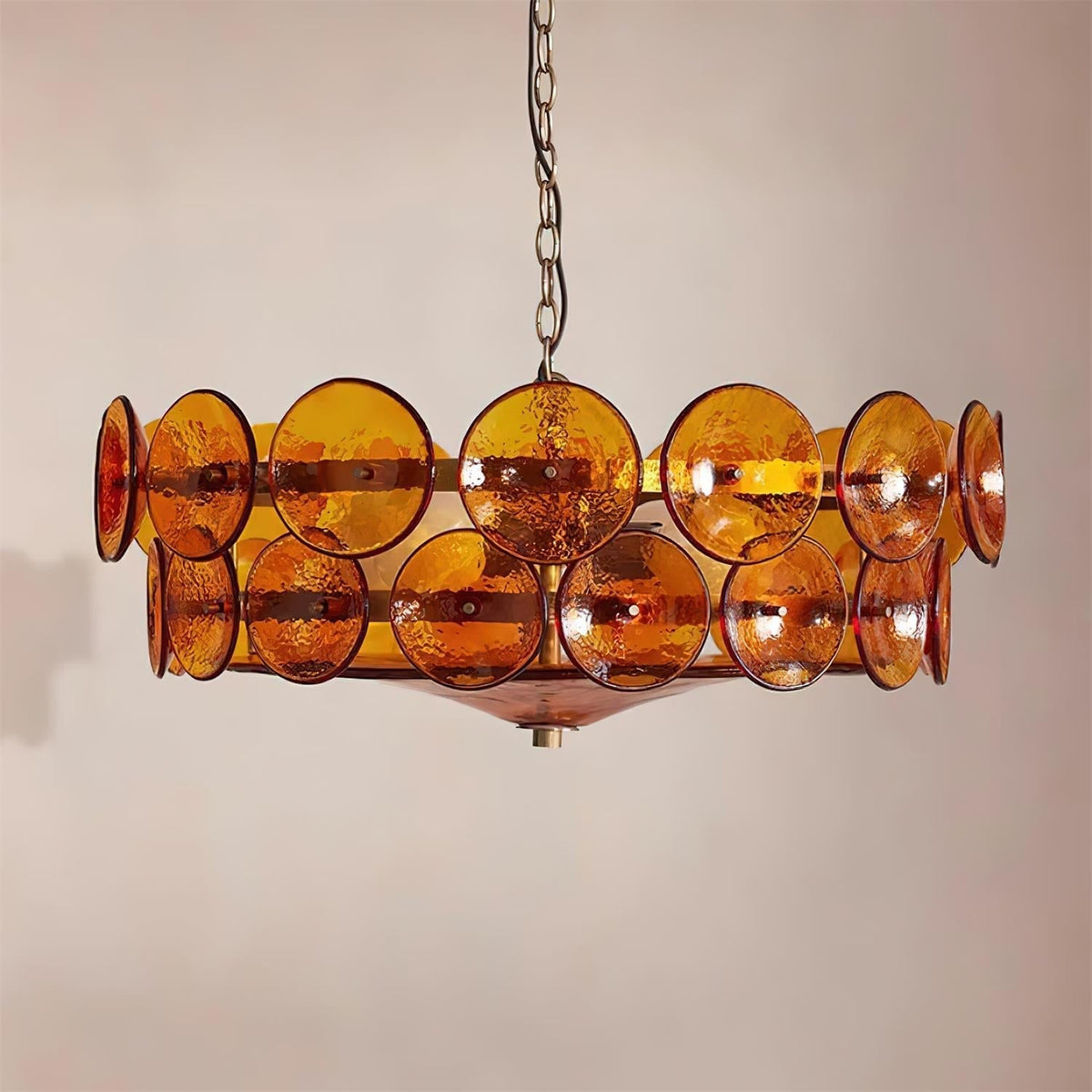 Layered Glass Disc Chandelier with Adjustable Height – Warm Metallic Finish for Dining Rooms, Living Spaces & Entryways