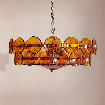 Layered Glass Disc Chandelier with Adjustable Height – Warm Metallic Finish for Dining Rooms, Living Spaces & Entryways