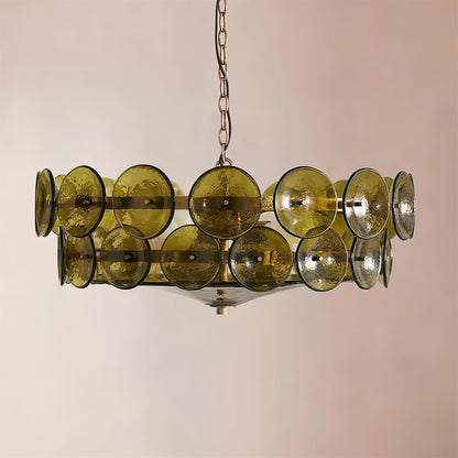Layered Glass Disc Chandelier with Adjustable Height – Warm Metallic Finish for Dining Rooms, Living Spaces & Entryways