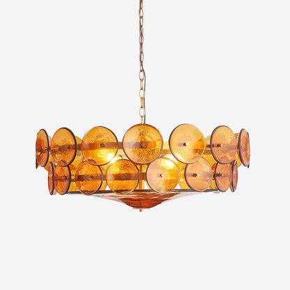 Layered Glass Disc Chandelier with Adjustable Height – Warm Metallic Finish for Dining Rooms, Living Spaces & Entryways