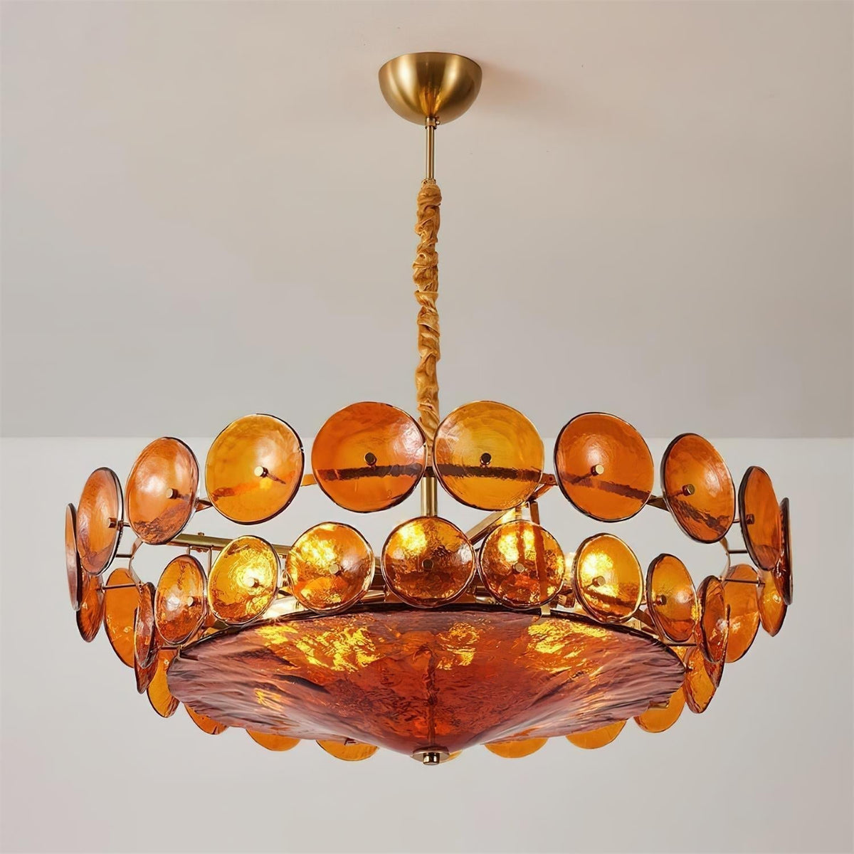 Layered Glass Disc Chandelier with Adjustable Height – Warm Metallic Finish for Dining Rooms, Living Spaces & Entryways