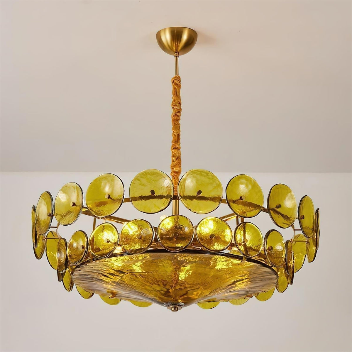 Layered Glass Disc Chandelier with Adjustable Height – Warm Metallic Finish for Dining Rooms, Living Spaces & Entryways