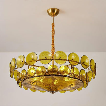 Layered Glass Disc Chandelier with Adjustable Height – Warm Metallic Finish for Dining Rooms, Living Spaces & Entryways