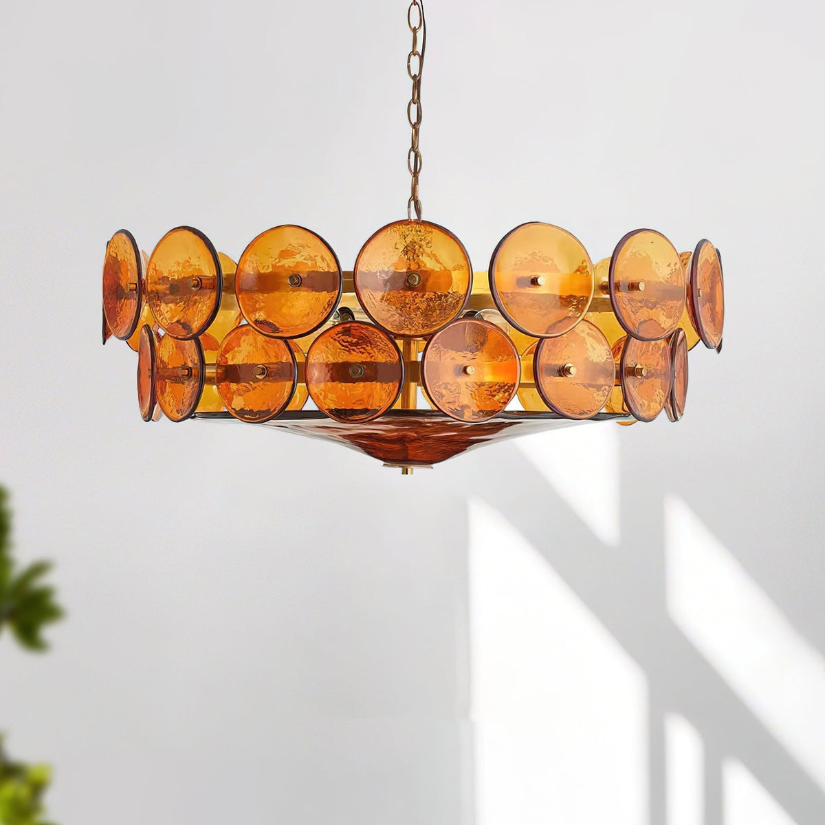 Layered Glass Disc Chandelier with Adjustable Height – Warm Metallic Finish for Dining Rooms, Living Spaces & Entryways