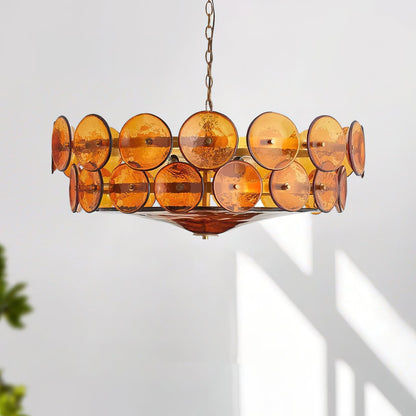 Layered Glass Disc Chandelier with Adjustable Height – Warm Metallic Finish for Dining Rooms, Living Spaces & Entryways