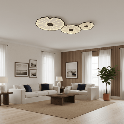 Wood-Look LED Ceiling Light Flush Mount with Botanical Curved Edge Design for Bedroom Living Room Kitchen