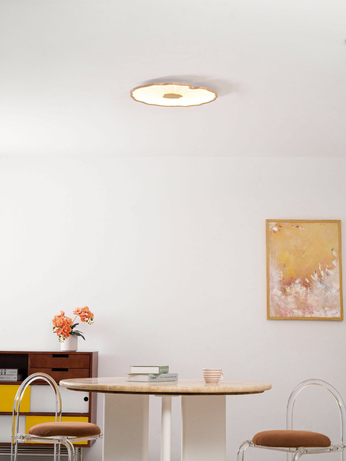 Wood-Look LED Ceiling Light Flush Mount with Botanical Curved Edge Design for Bedroom Living Room Kitchen