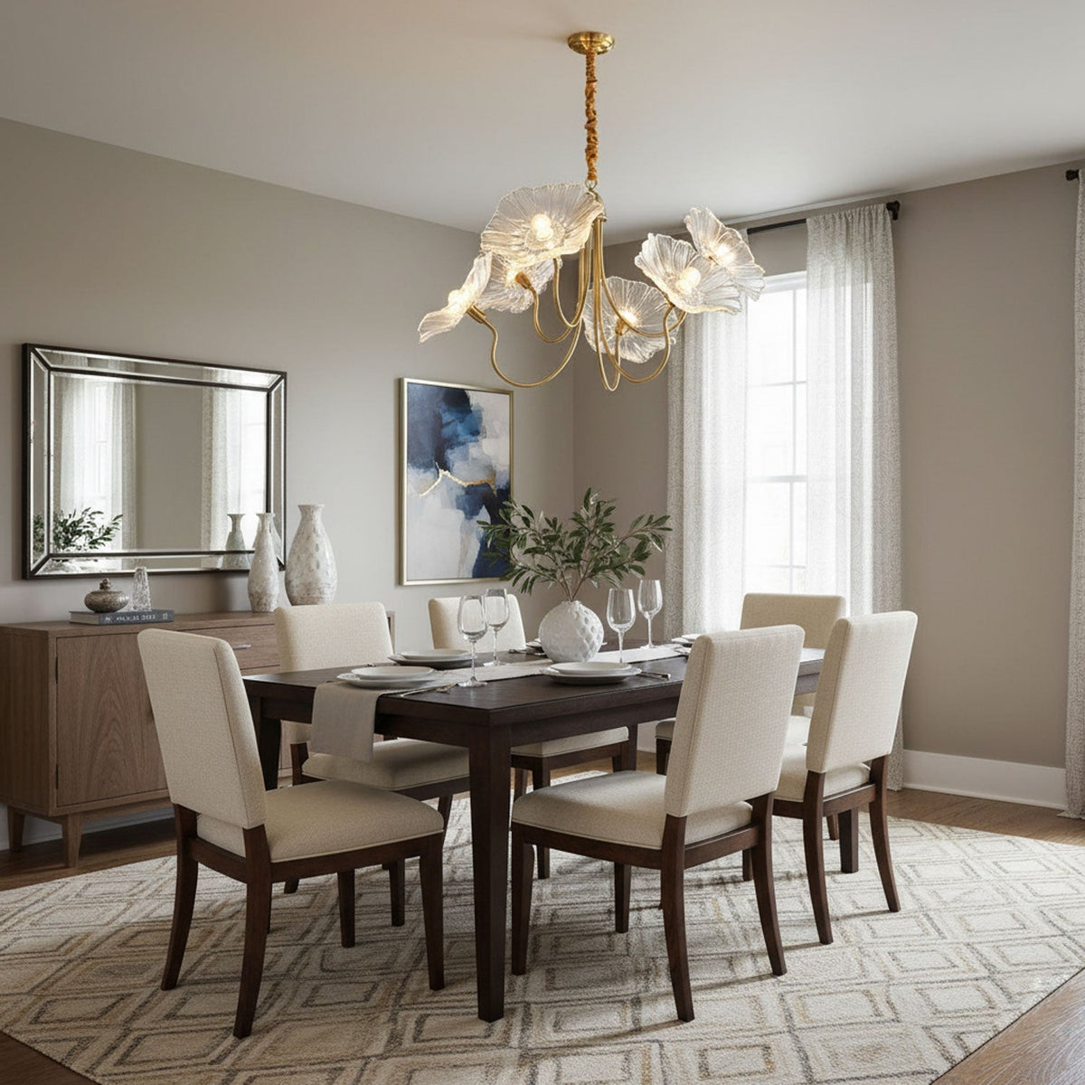 Botanical Glass Multi-Light Fixture 35 in Gold Finish for Dining Room Living Room Entryway Ambient Overhead Illumination