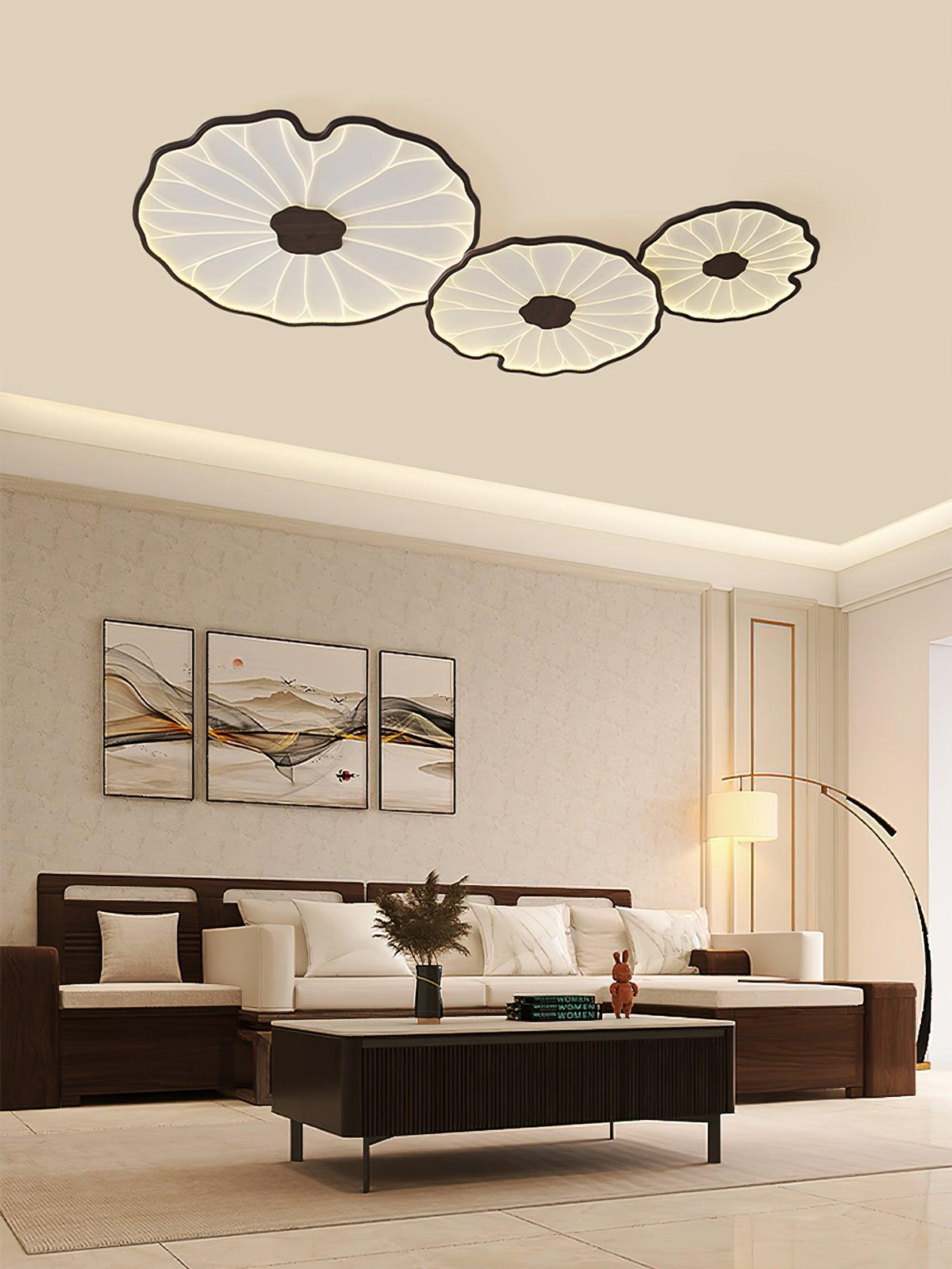 Wood-Look LED Ceiling Light Flush Mount with Botanical Curved Edge Design for Bedroom Living Room Kitchen