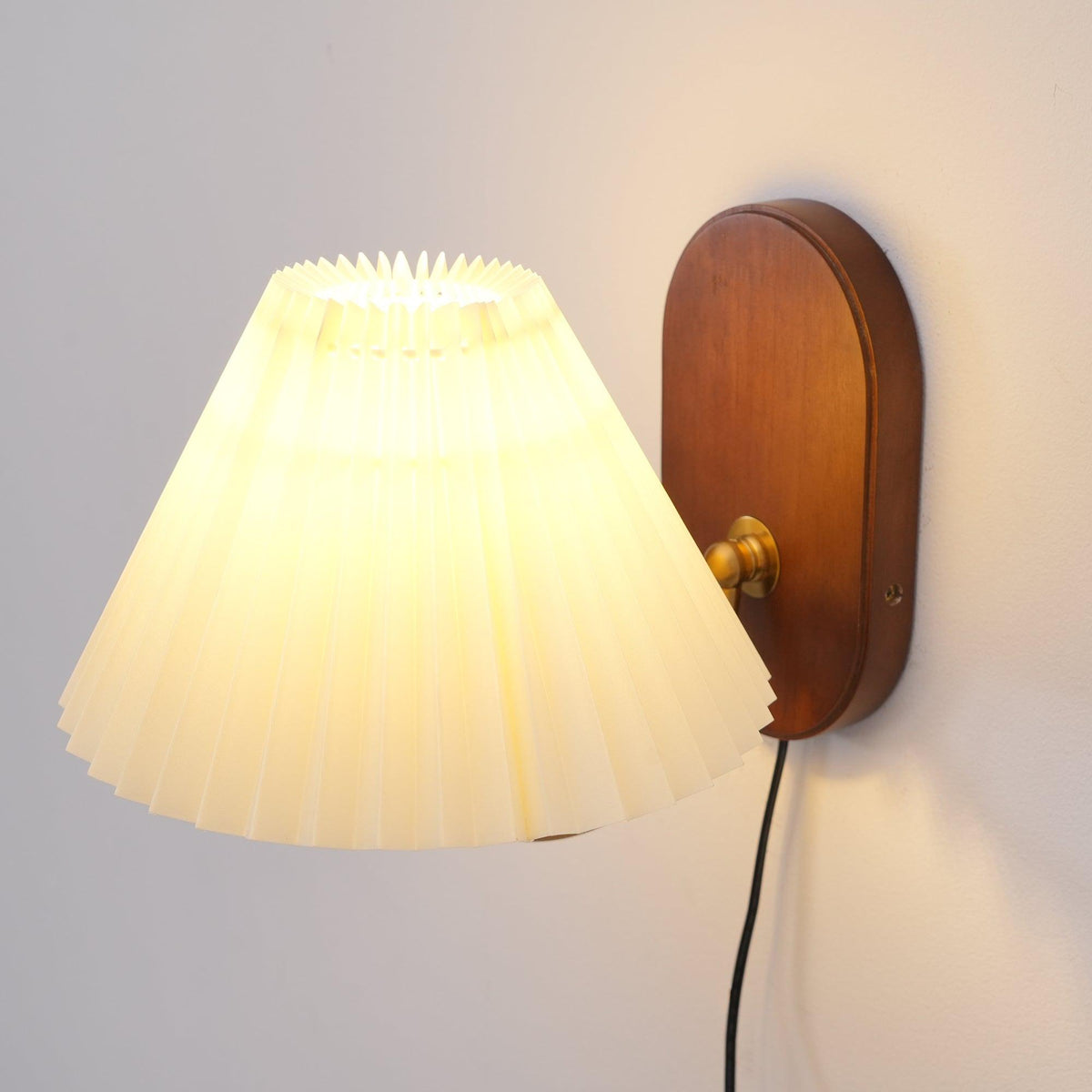 Plug-In Sconce Light with Pleated Shade and Walnut Accents 12 Inch Square for Bedside Reading Nooks Hallways