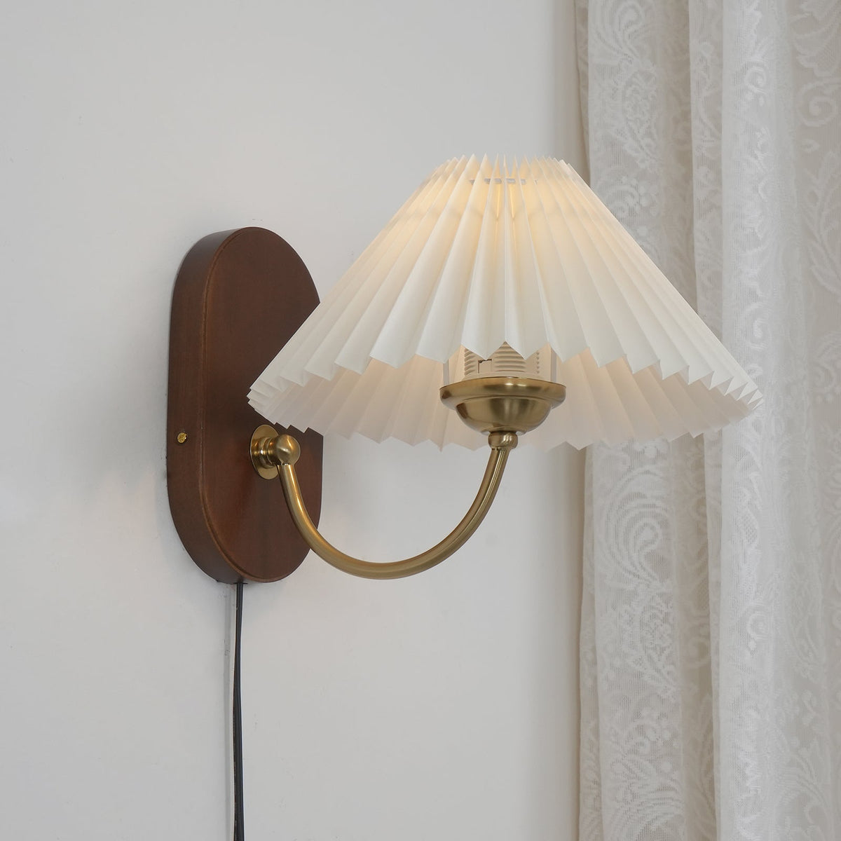 Plug-In Sconce Light with Pleated Shade and Walnut Accents 12 Inch Square for Bedside Reading Nooks Hallways