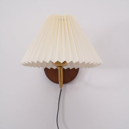 Plug-In Sconce Light with Pleated Shade and Walnut Accents 12 Inch Square for Bedside Reading Nooks Hallways