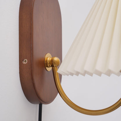 Plug-In Sconce Light with Pleated Shade and Walnut Accents 12 Inch Square for Bedside Reading Nooks Hallways