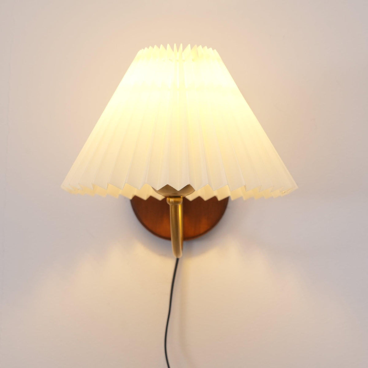 Plug-In Sconce Light with Pleated Shade and Walnut Accents 12 Inch Square for Bedside Reading Nooks Hallways