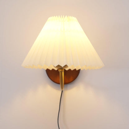 Plug-In Sconce Light with Pleated Shade and Walnut Accents 12 Inch Square for Bedside Reading Nooks Hallways