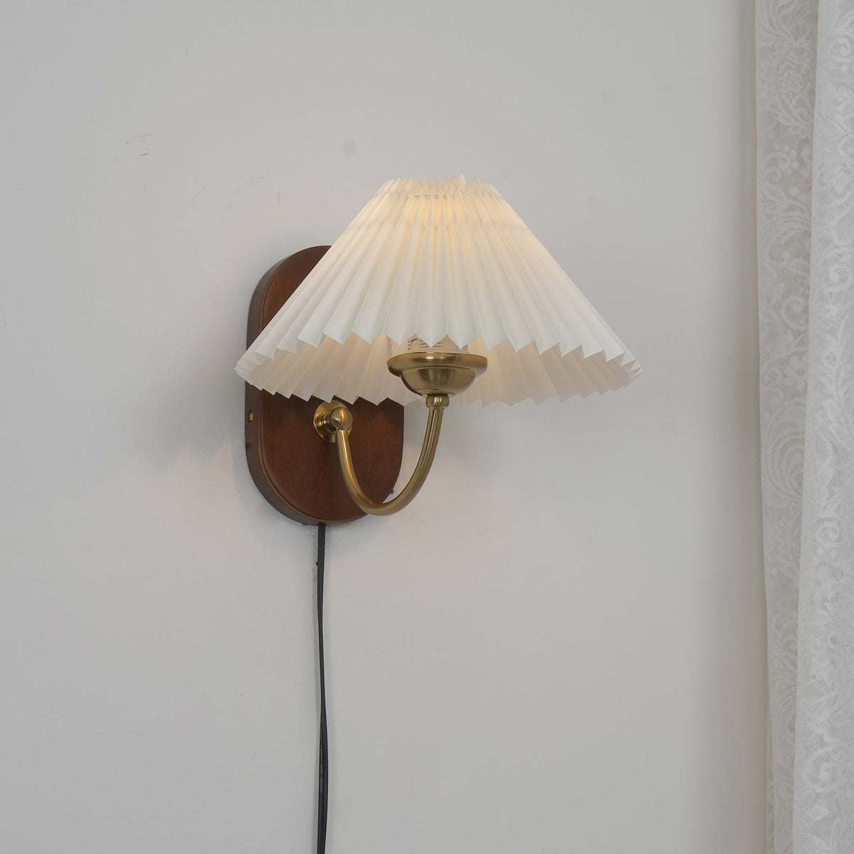 Plug-In Sconce Light with Pleated Shade and Walnut Accents 12 Inch Square for Bedside Reading Nooks Hallways