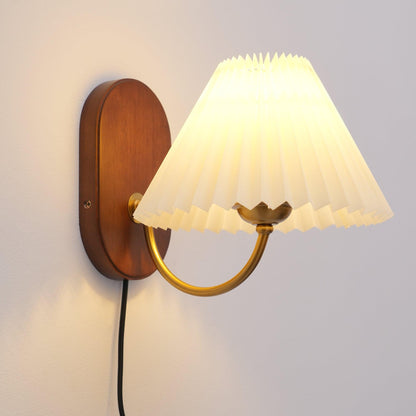 Plug-In Sconce Light with Pleated Shade and Walnut Accents 12 Inch Square for Bedside Reading Nooks Hallways