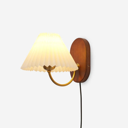 Plug-In Sconce Light with Pleated Shade and Walnut Accents 12 Inch Square for Bedside Reading Nooks Hallways