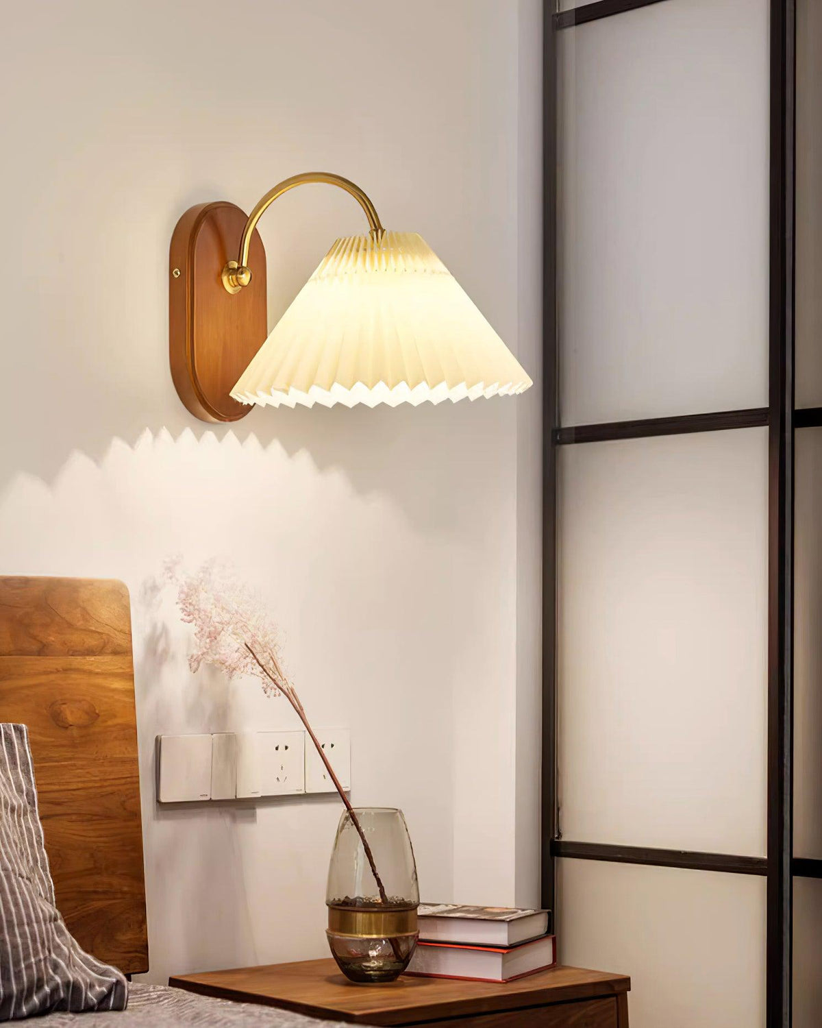 Plug-In Sconce Light with Pleated Shade and Walnut Accents 12 Inch Square for Bedside Reading Nooks Hallways